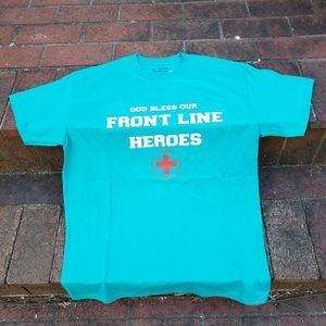 New Tee Shirt (M) Gildan brand, Teal, God Bless Our Front Line Heroes